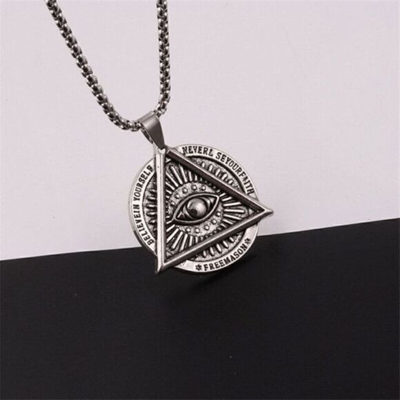 Stainless Steel Masonic Illuminati All Seeing Evil Eye Pendant Chain Necklace - Picture 8 of 9